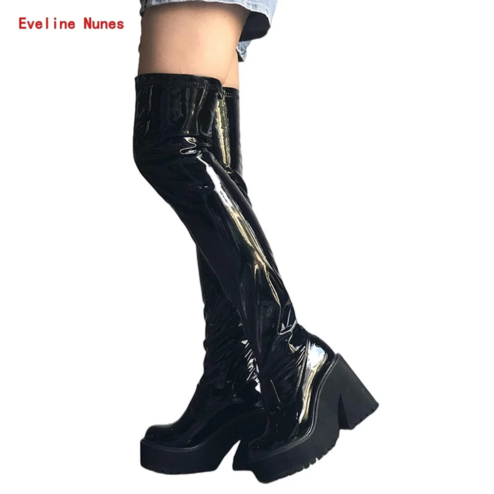 Black Platform Boots 2022 New Arrival Solid Over-the-knee Round Toe Chunky Heel Patent Leather Party Women's Fashion Shoes