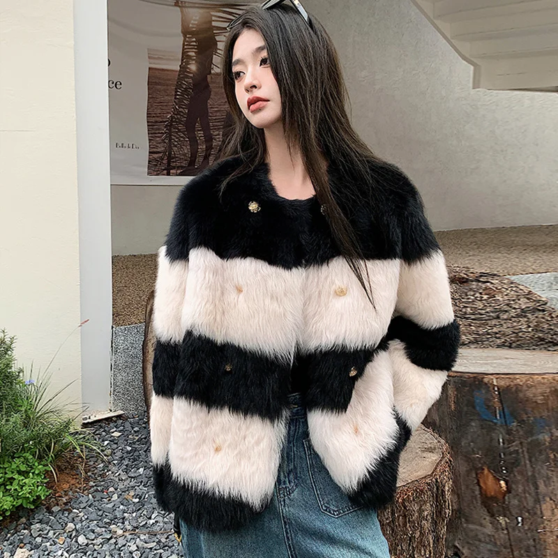 

Black White Striped Real Coat Women Luxury Tuscany Sheep Fur Jacket Female Chic Metal Double-breasted Winter Sheepskin Coats