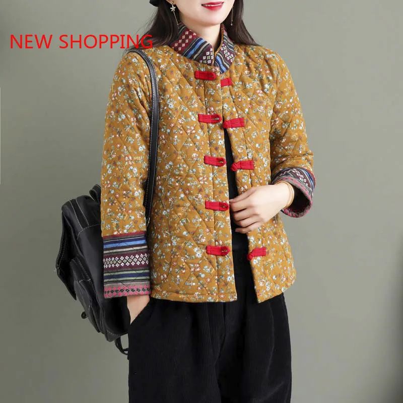 Women Retro Cotton Coat Vintage Ethnic Style Flowers Print Parka Fashion Qipao Tops Elegant Hanfu Winter Parkas Jackets Outwear