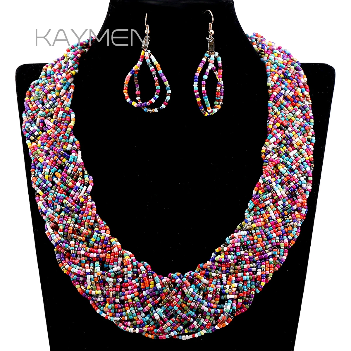 

Newest Exaggerated Small Beaded Strands Knitted Statement Choker Necklace and Earrings Handmade Jewelry Sets for Women Girls