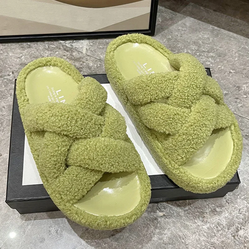 

Женские меховые шлепанцы, повседневные бархатные шлепанцы на платформе с перекрестным дизайном, уличная женская обувь, новинка 2022