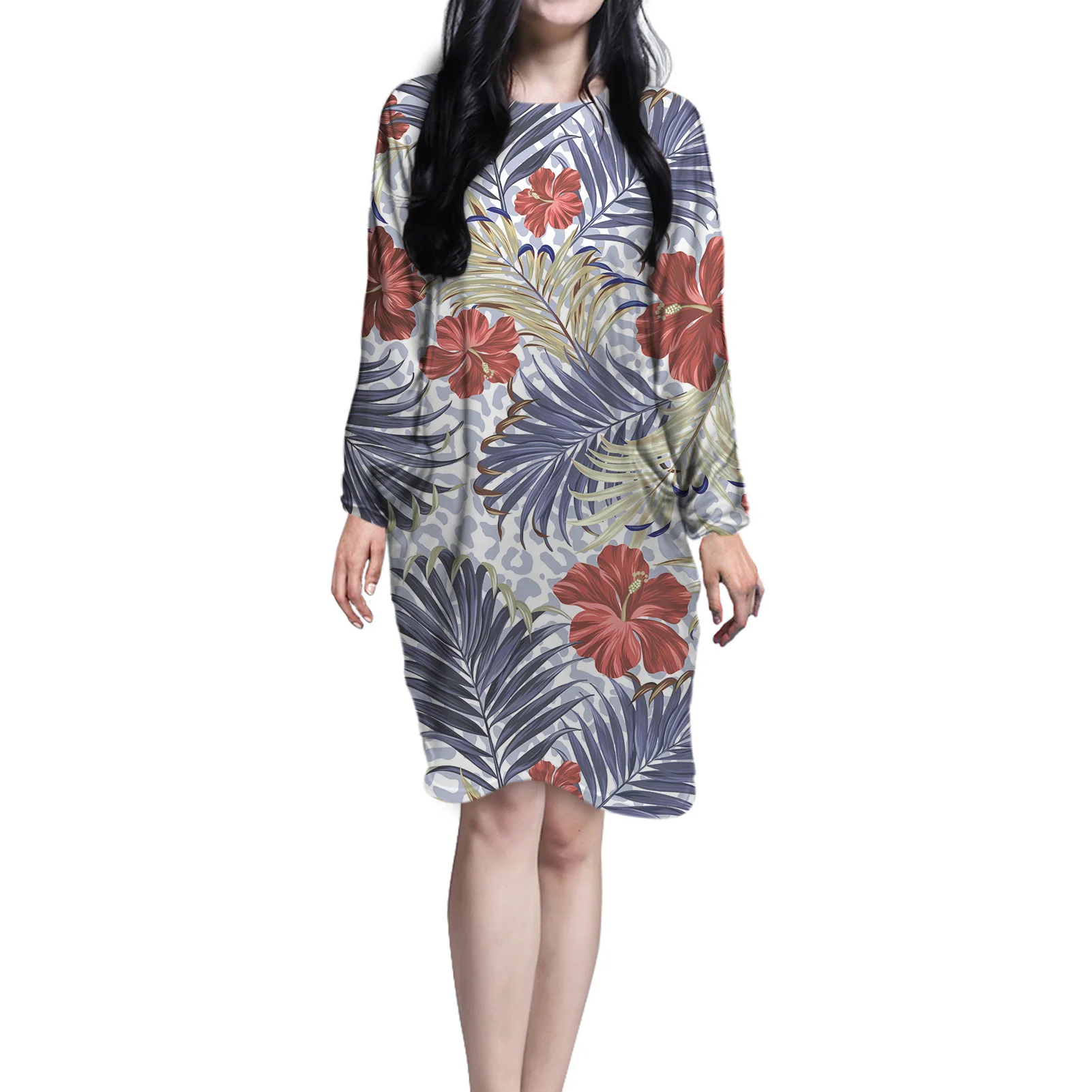 

Ladies Crewneck Long Sleeve Casual Loose House Dress Side Pockets Tshirt Dress For Women Leopard Skin Bright Floral Tropical