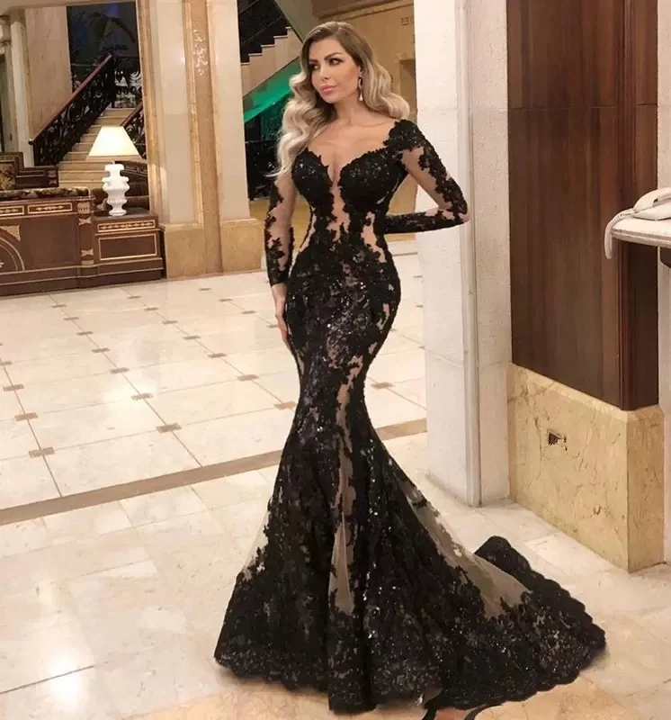 

Черные вечерние платья с юбкой-годе и V-образным вырезом, длинное вечернее платье с аппликацией в турецком, Дубае, саудовском, арабском стиле...
