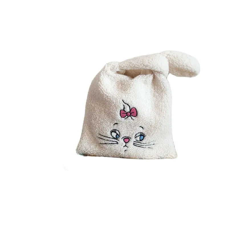 

New Winter Handbags Plush Shoulder Bag Cute Cat Face Embroidery Hand Bag Women White Color Ladies Bag WomenTote polyester
