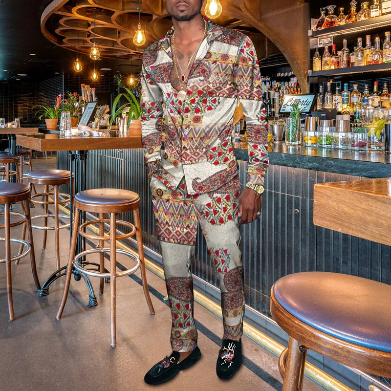 

2023 Men's Shirt Elastic Waist Pants Set Loose Set Summer Men's Casual Two Piece Set Long Sleeve