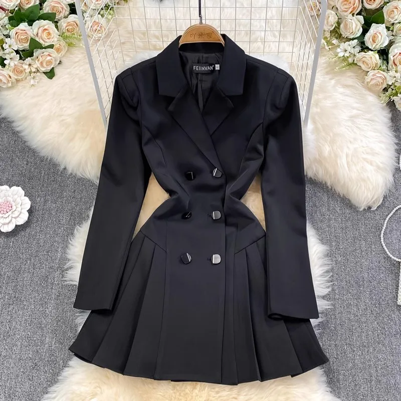 

Celebrity Korean Chic Runway Blazer Mini Dress Women Clothes Black Notched Collar Long Sleeve Office Work Pleated Dress A8916
