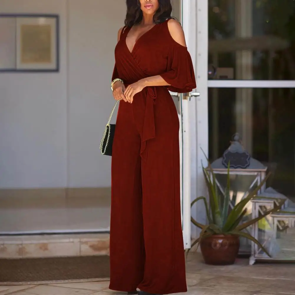 

Sexy Attractive Lace-up Half Sleeve Jumpsuit Streetwear Autumn Jumpsuit Solid Color for Party