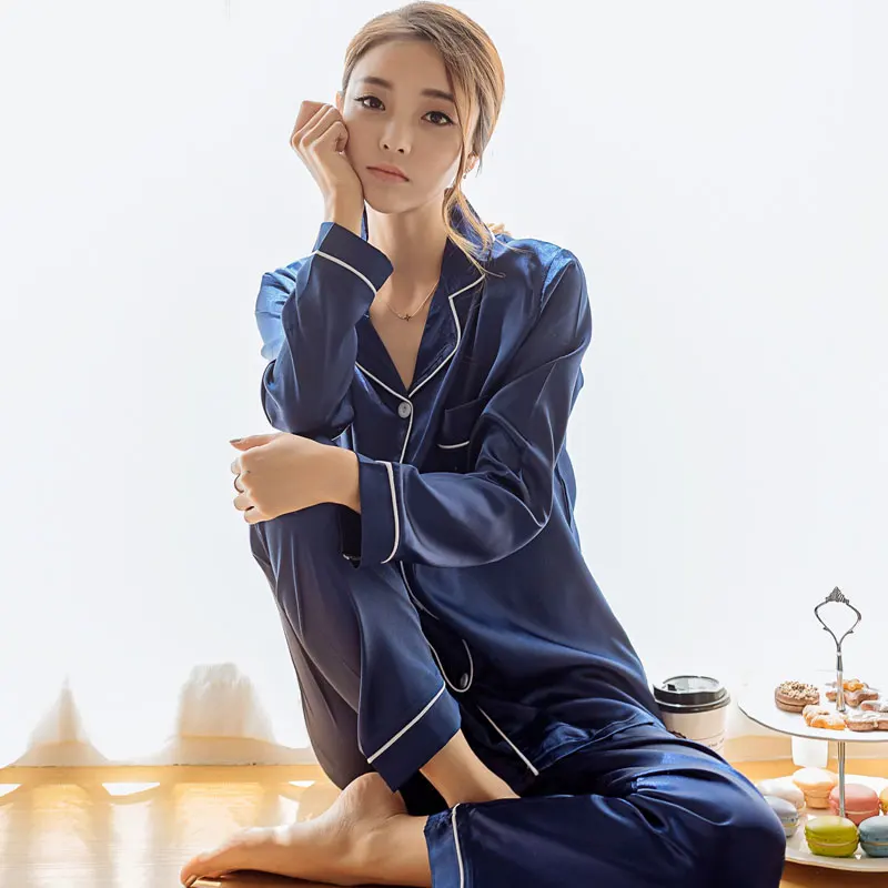 

Womens Cartoon Silk Pajamas Suit Sexy Long Sleeve Sleepwear Satin Underwear Plus Size Lingere Home Clothes 2-piece Loungewear