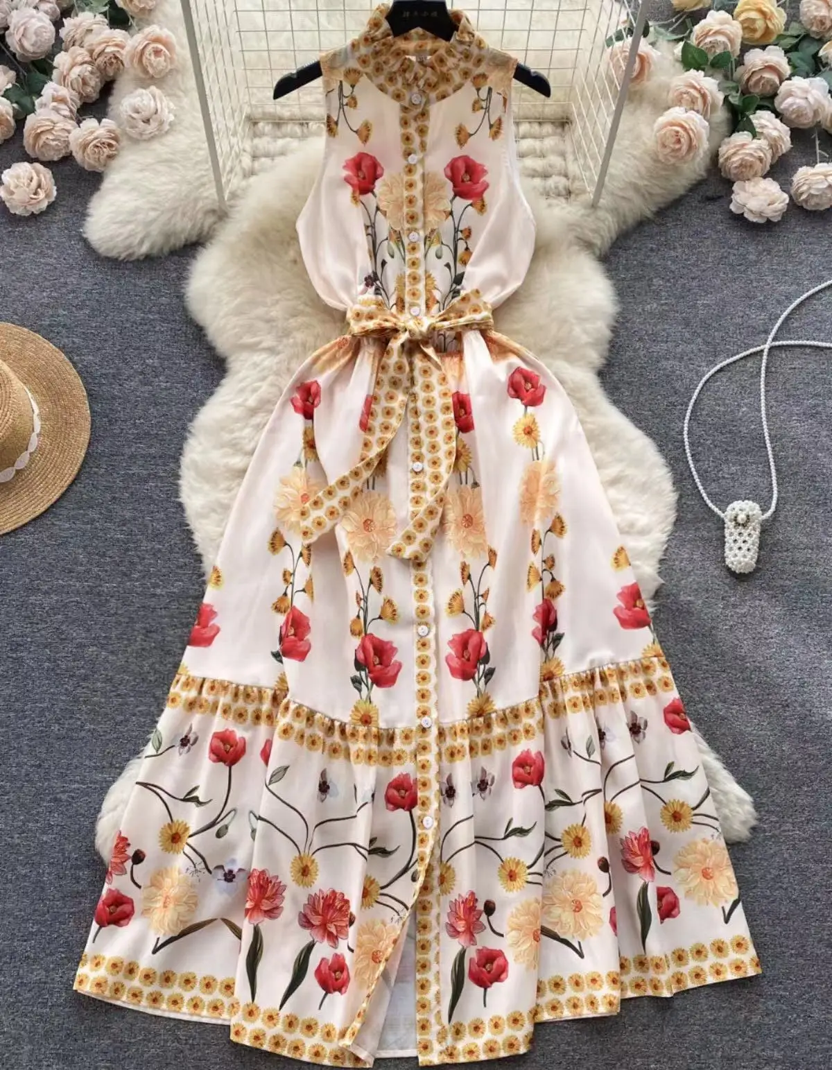 

Женское приталенное платье без рукавов, кружевное платье в европейском ретро-стиле с принтом, большие размеры, платье для отдыха на море, лето 2023