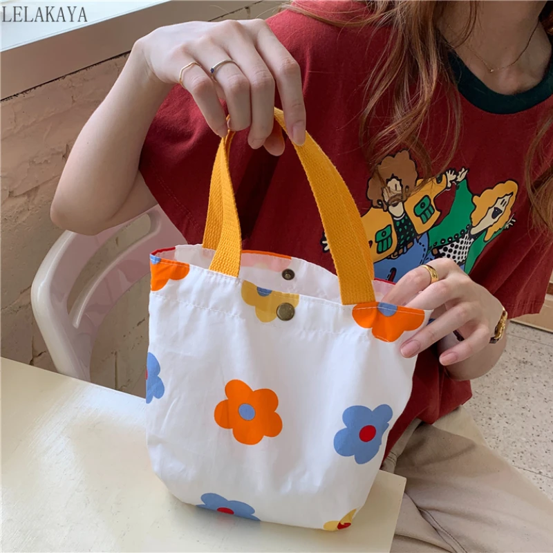 

Mini Floral Canvas Handbags for Women Tote Food Bag Korean Style Lunch Bag for Girls Cotton and Linen Fabric Bento Storage Bags