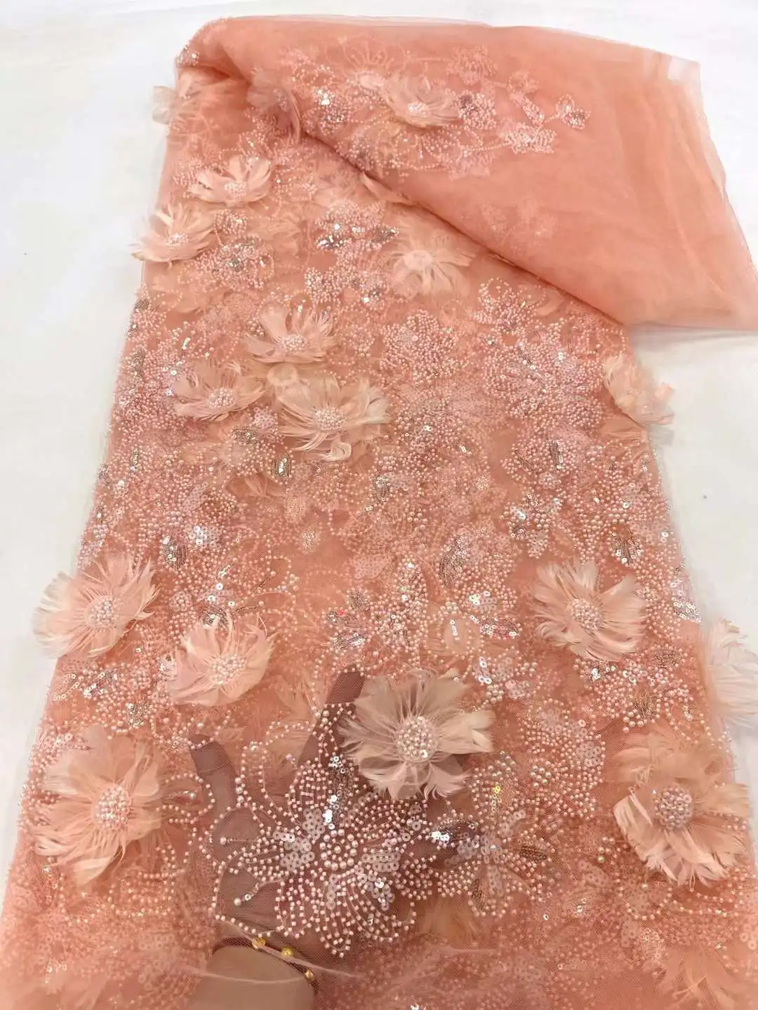 Африканская вышивка из тюля 3D Цветочные бусины кружевная ткань с блестками