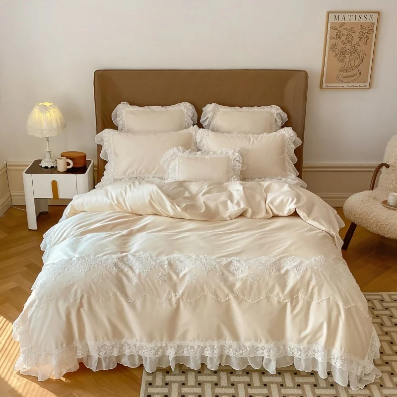 

Vintage French Romantic White Lace Ruffles Princess Bedding Set 1000TC Egyptian Cotton Quilt/Duvet Cover Bed Linen Pillowcases