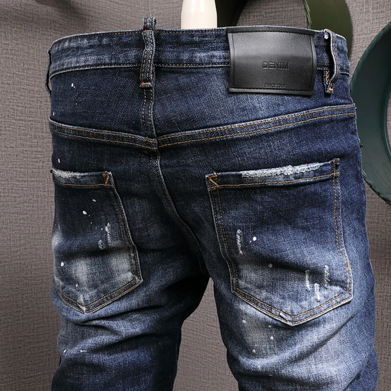Street Fashion Men Jeans High Quality Retro Blue Elastic Slim Fit Painted Ripped Jeans Men Printed Designer Hip Hop Brand Pants