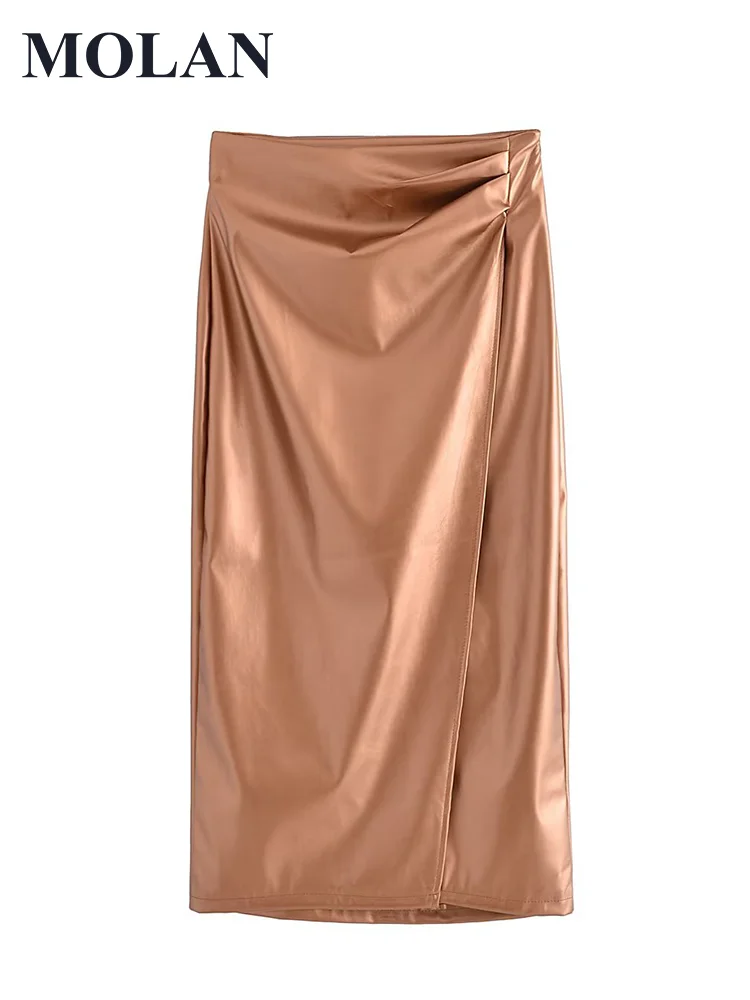 

MOLAN Za Woman Leather Skirt Sexy Folds Gold Golden High Street Ins Fashion Office Club Party Skirt Female Chic PU Skirt
