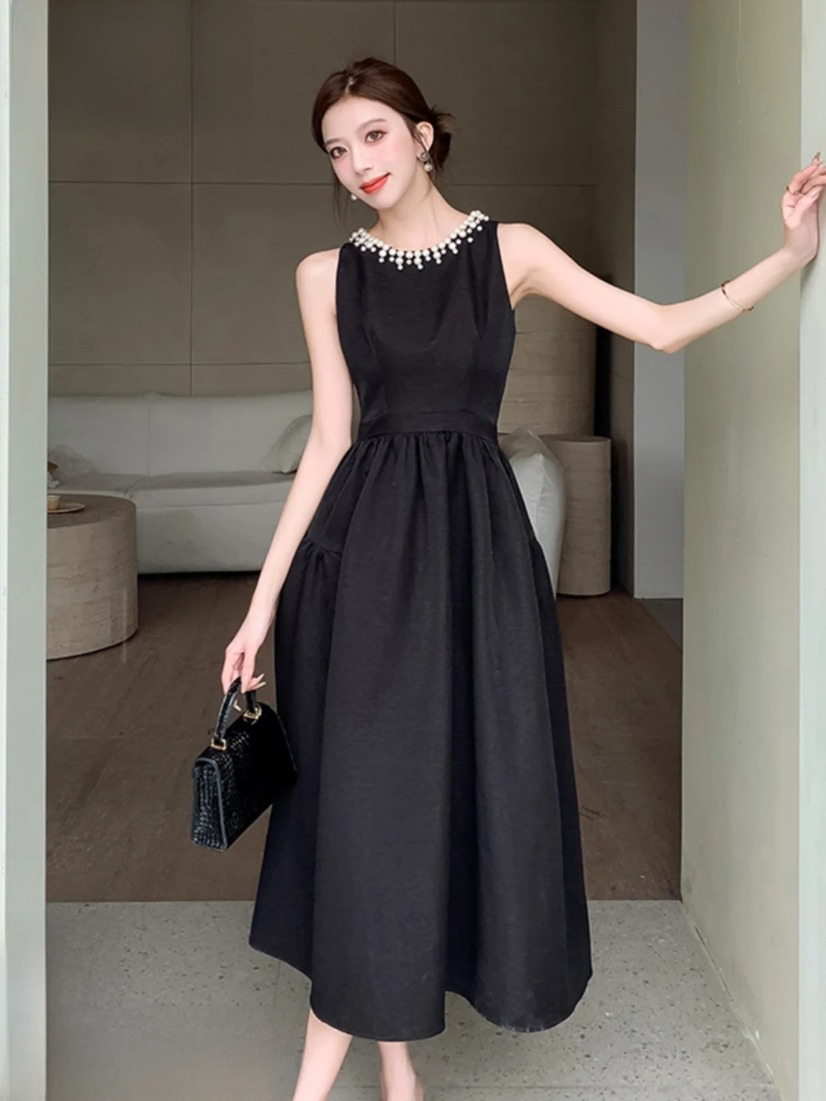 Chiffon Sleeveless Dress Summer 2025 New Arrival French Sle Temperament Retro Women's Clothing Fancy Show Thin Black