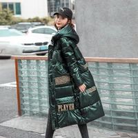 casual stand collar overcoat with zipper women hooded shiny coats letter printing winter long jackets female down cotton parkas