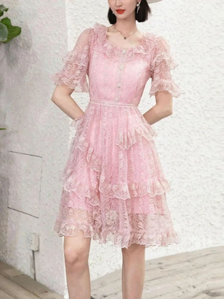 

Women's Luxury Embroidery Lace Mini Dresses Chic Elegant Square Neck Summer Short Sleeve Vintage Patchwork Ruffle Mesh Dress