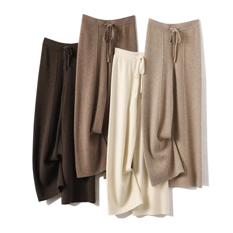 Cashmere wide-leg pants women autumn/winter high waist slim casual loose elastic waist straight pants wool knitted mopping pants