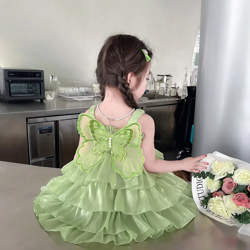 Модное платье принцессы на бретельках для маленьких девочек летнее без рукавов