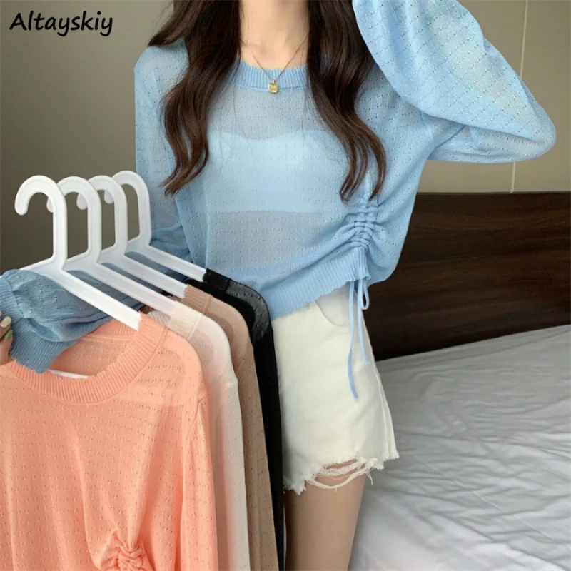 

Pullovers Women Casual Sun-proof Loose Long Sleeve Thin Summer Crop Hollow Out Sweet Solid All-match Ulzzang Fashion Streetwear