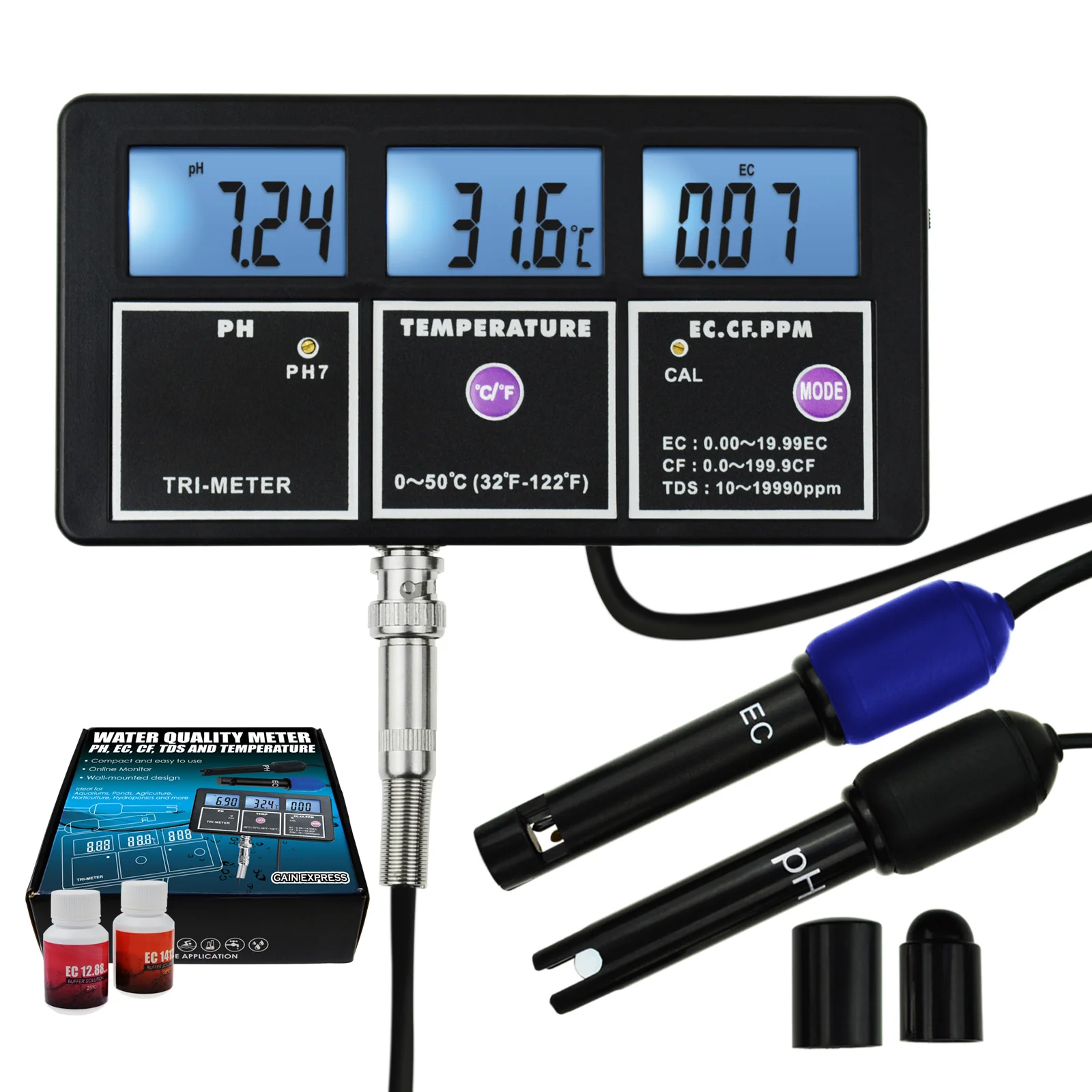 

5-in-1 Water Quality Multi-parameter PH EC CF TDS (ppm) Temperature Fish Tank Pond Drinking Test Meter Backlight Rechargeable
