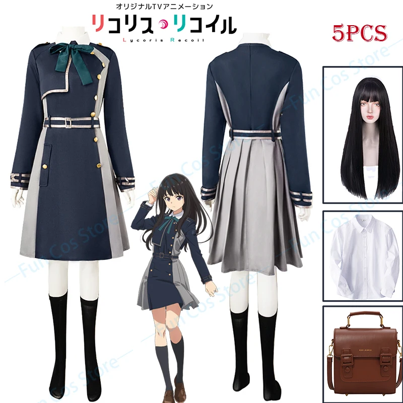 

Nishikigi Chisato Cosplay Costumes Anime Lycoris Recoil Black Wig Bag DA Blue Dress Shirt Belts Uniform Hair JK Scholar Suit