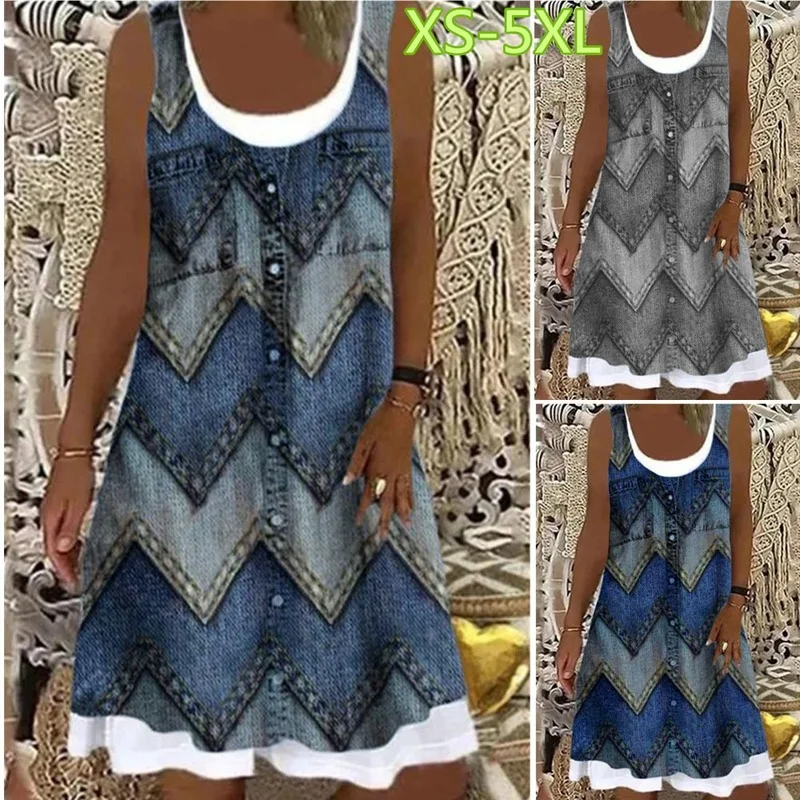 

Women's Shift Dress Spring Summer V-Neck Fashion Casual Loose Skirt 2022 Totem Button Print Sleeveless Knee Length Dress Vestido