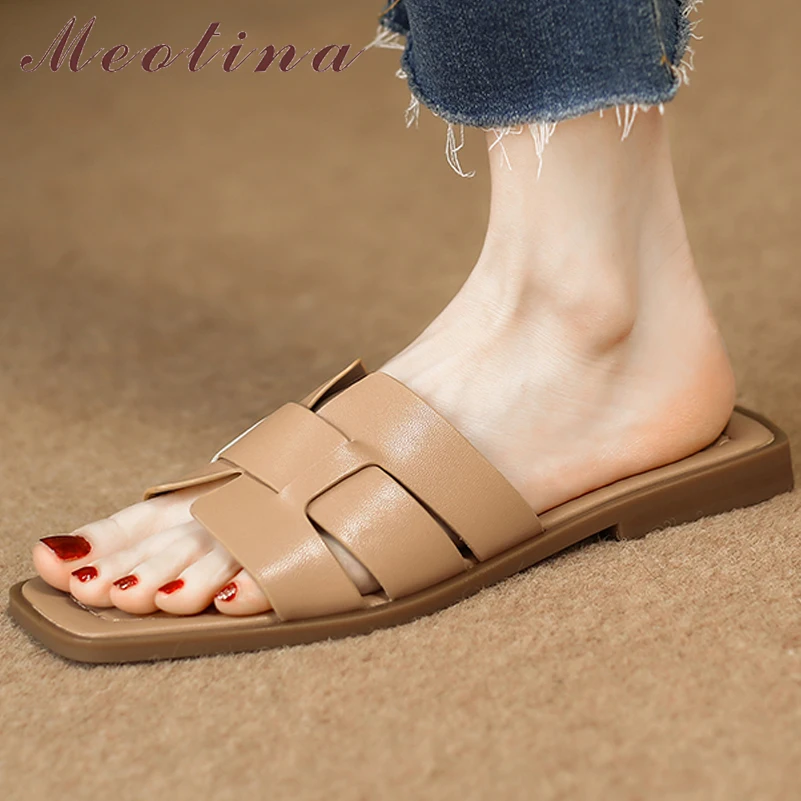 

Meotina Women Genuine Leather Sandals Flat Slippers Square Toe Narrow Band Slidies Fashion Ladies Shoes Summer White Apricot 40