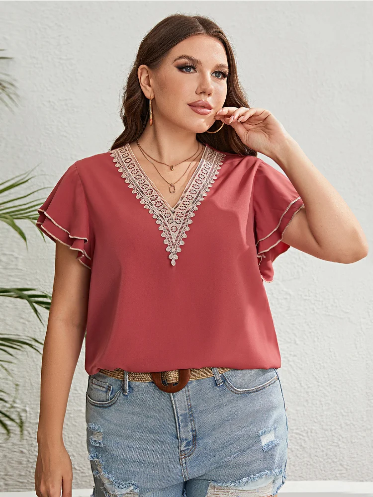 Summer Red Brown Lace V-Neck Loose Top plus size women clothing