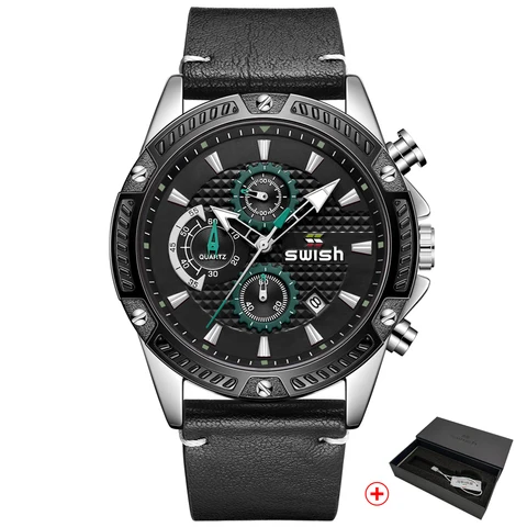 Часы наручные SWISH Мужские кварцевые, брендовые дизайнерские водонепроницаемые спортивные в стиле милитари, деловой стиль, черные