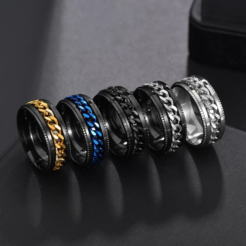 

Ring Titanium Stainless Steel Chain Spinner Finger Ring Men's Blue Gold Black Punk Rock Opener Personality Jewelry Wholesale