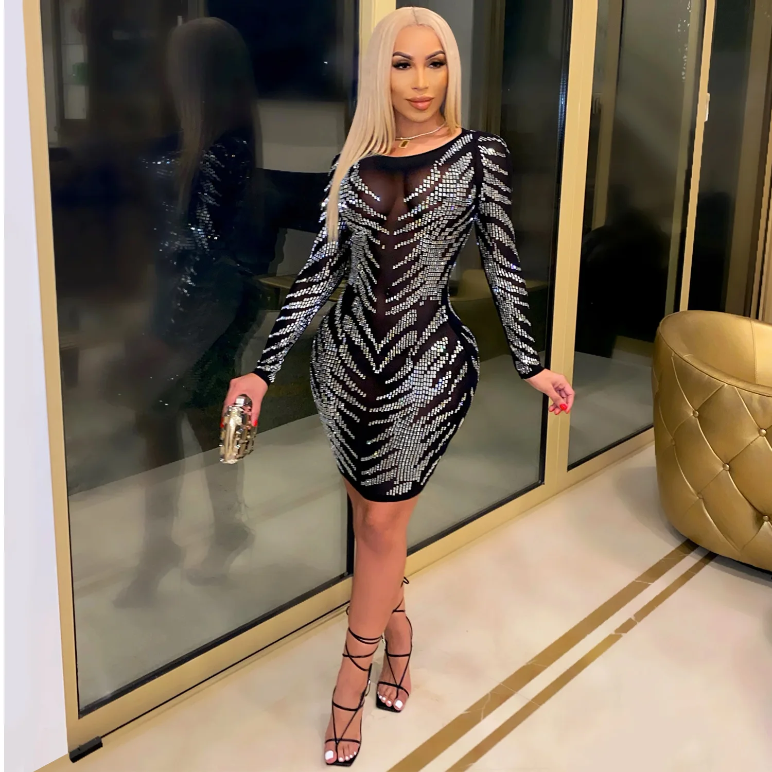 

CFCD-073 2022Y New Arrival Fashion Striped Party Dress Sexy Tulle Transparent Dress Women Night Club Dress Bodycon Dress