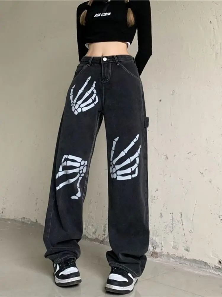 

Hip hop printed jeans women black straight wide-leg trousers 2022 winter new American high street style couple jeans streetwear