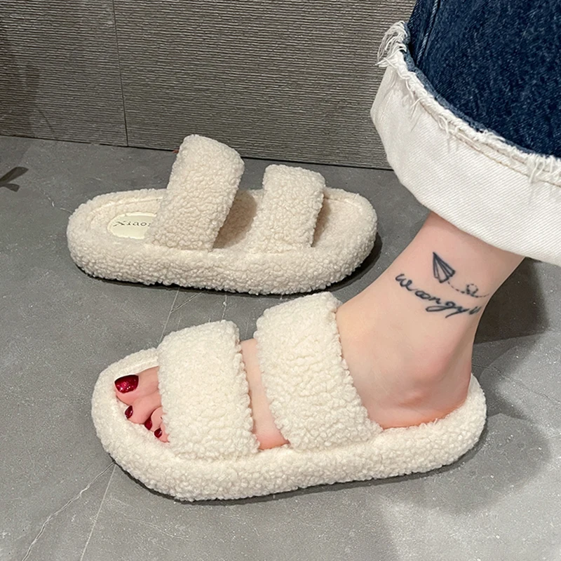 

House Slippers Platform Flock Women Luxury Shoes Med Pantofle Fur Flip Flops Slides Winter Footwear Designer Flat 2022 Plush Bas