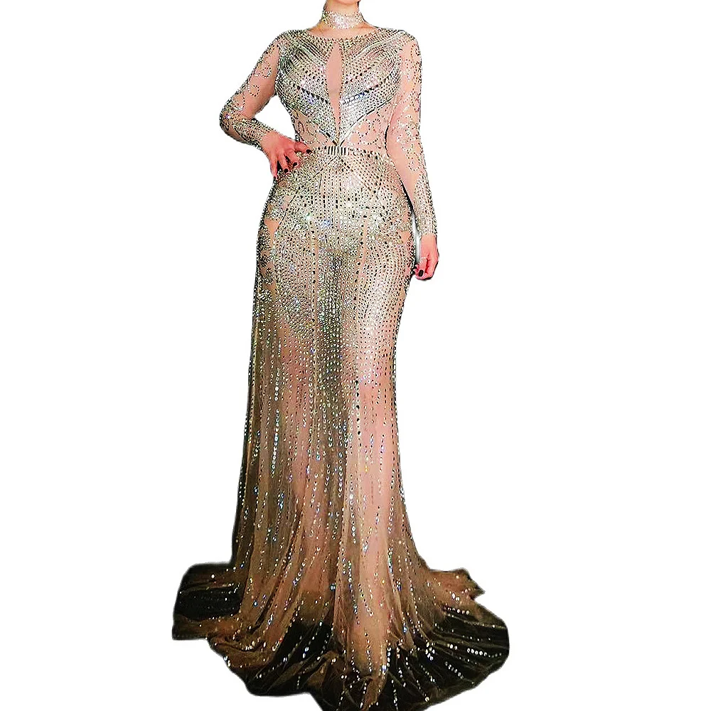 

Shining Diamonds Long Sleeve Voile Tail Dress Net Yarn Transparent Women Dresses Nightclub Singer Dancer Performance Costumes