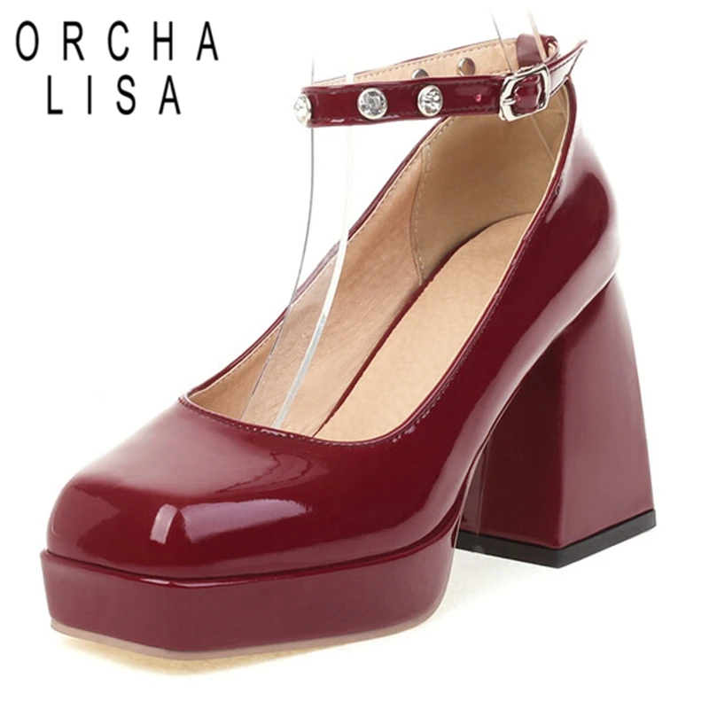 

ORCHA LISA 2022 Women Platform Pumps Square Toe Chunky Heels Rivets Ankle Strap Sweet Big Size 34-43 Black Apricot Spring S3277