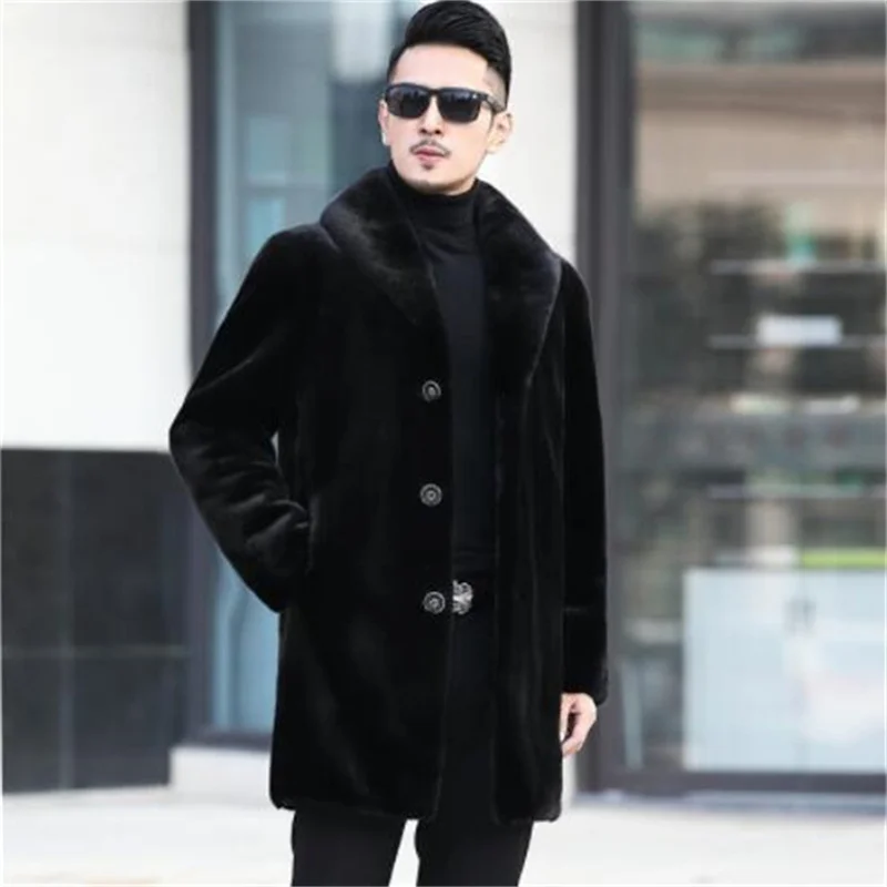 Winter fur trench coat men's leather jackets black hooded thickening warm youth leisure new single-breasted clothes casacos