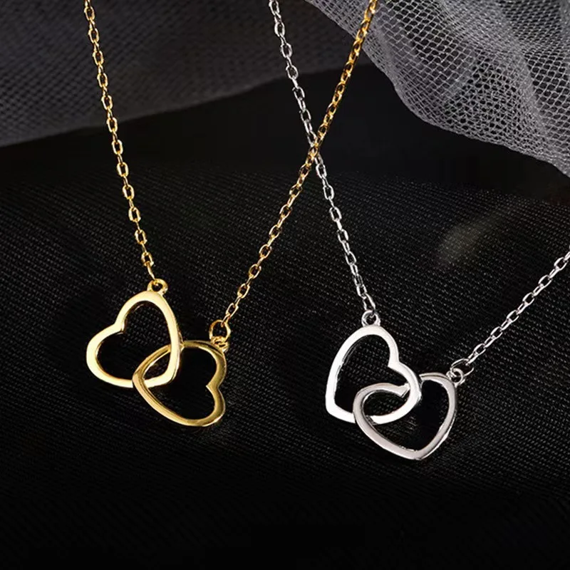 

Simple Double Heart Pendant Necklace for Women Couple Stainless Steel Choker Casual Chain Wedding Party Friends Jewelry Gift