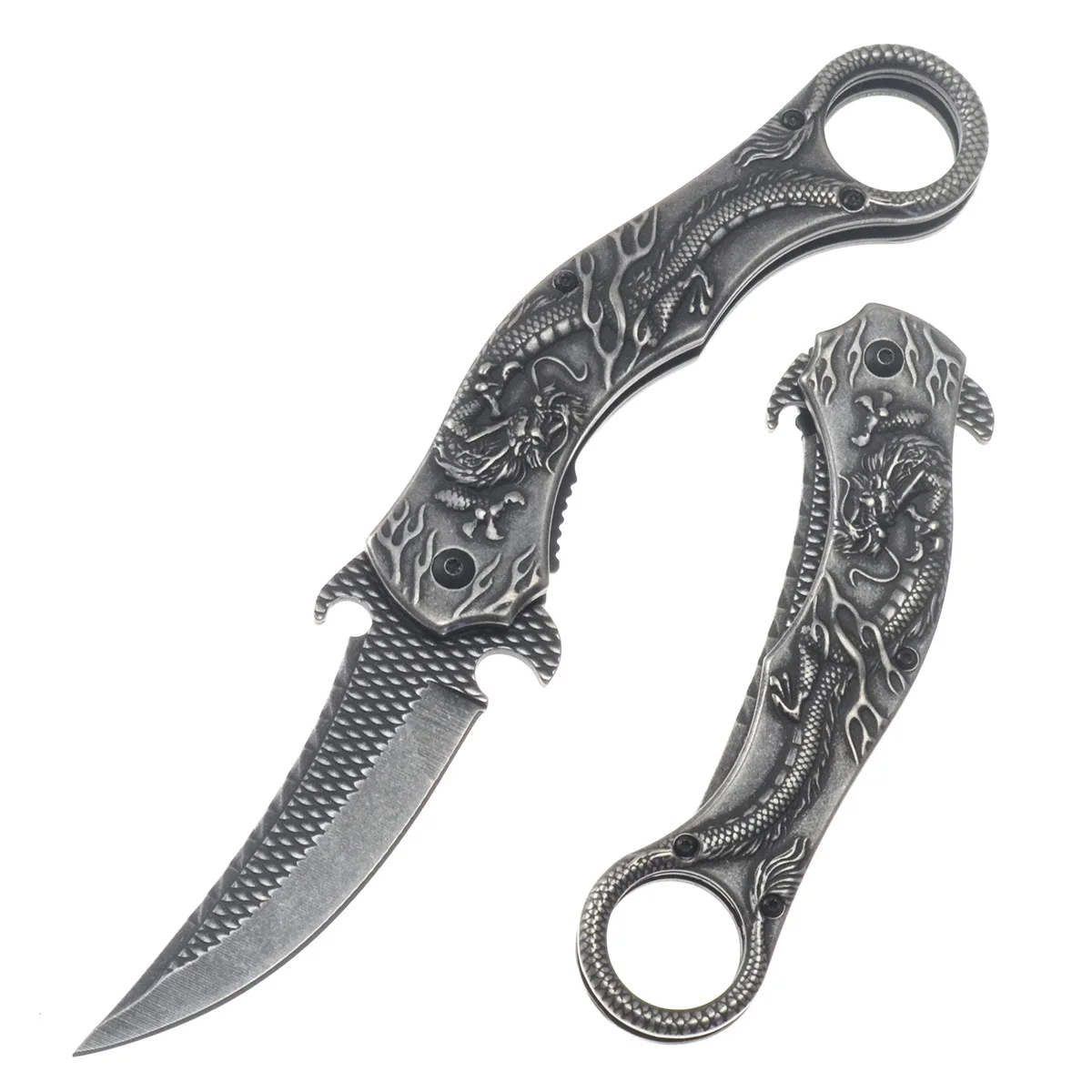 

Stone Wash Finish Stainless Steel 3D Dragon Tactical Folding Knife Sharp Blade Camping Survival Pocket Hunting EDC Tool