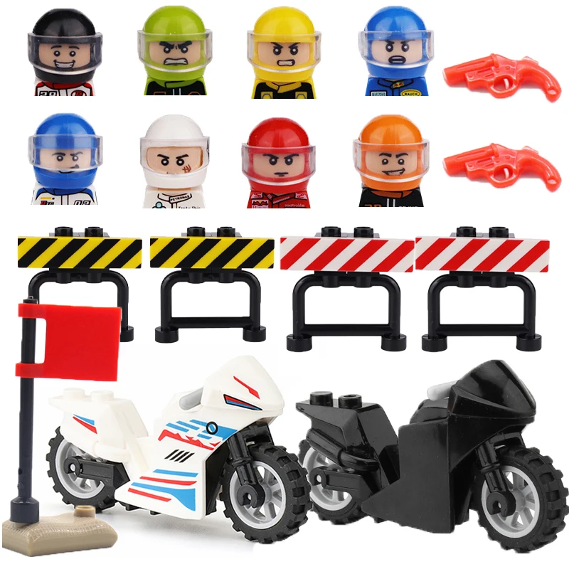 

Фигурки гоночных мотоциклов, конкурсные строительные блоки, забор, барьер, мини-флаг, Сигнальный Пистолет, строительные блоки, городские игрушки для детей