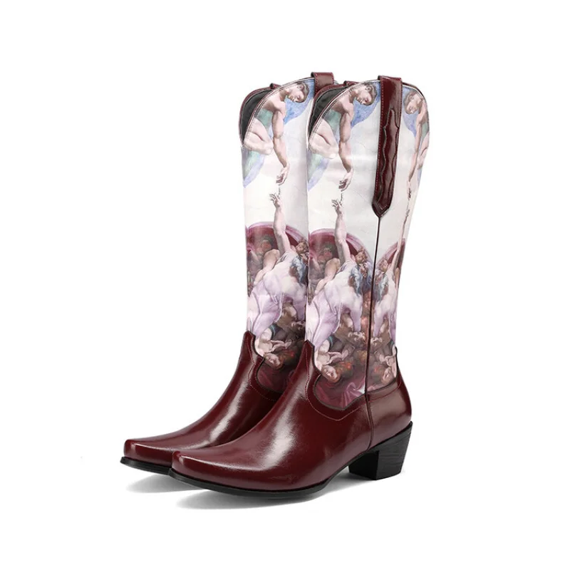 2023 New European-style Printed Oil Painting Retro Knight Boots Pointed Toe Heel Thigh-high Boots Western Cowboy Boots A-0017