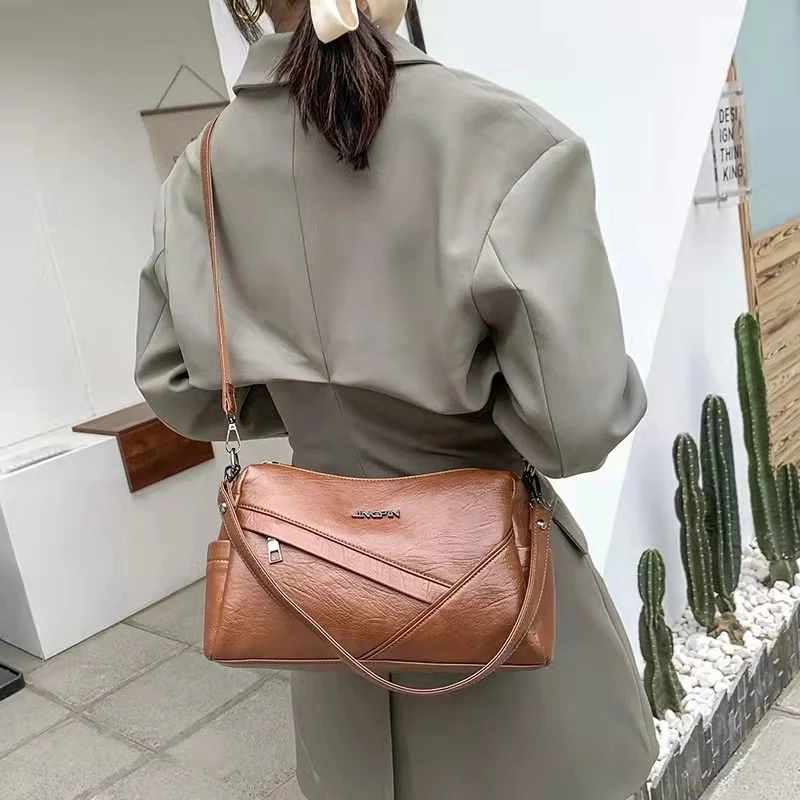 

Diagonal new shoulder bag, soft leather, fashion, simple, European and American trend, retro, multi-pocket, large-capacity femal