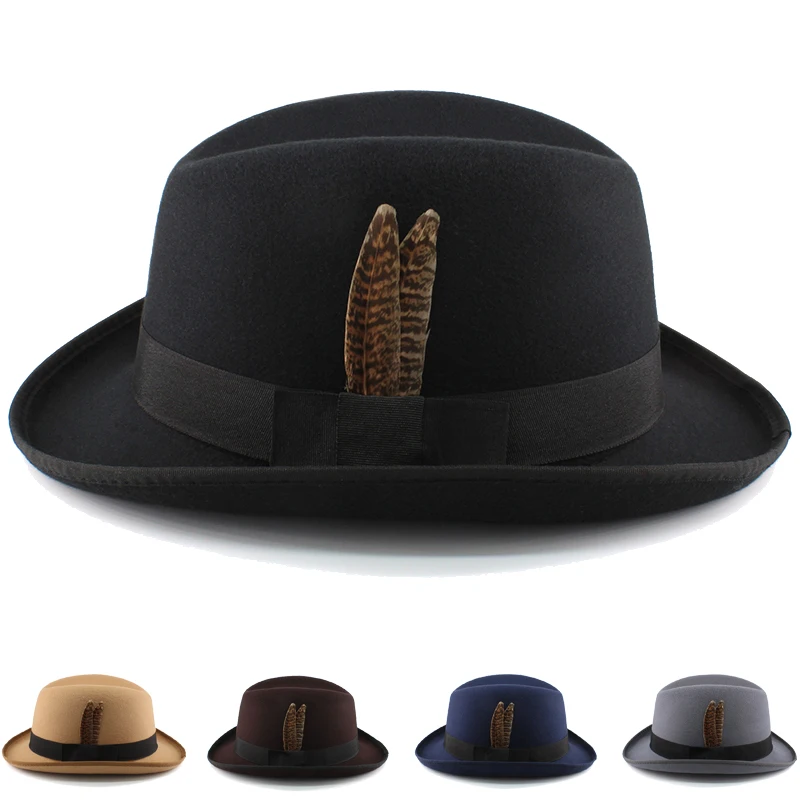

Men Women Feather Band Wool Blend Homburg Hats Woolen Fedora Caps Trilby Sunhat Travel Party Adjustable UK M-L US 7 1/8-7 3/8
