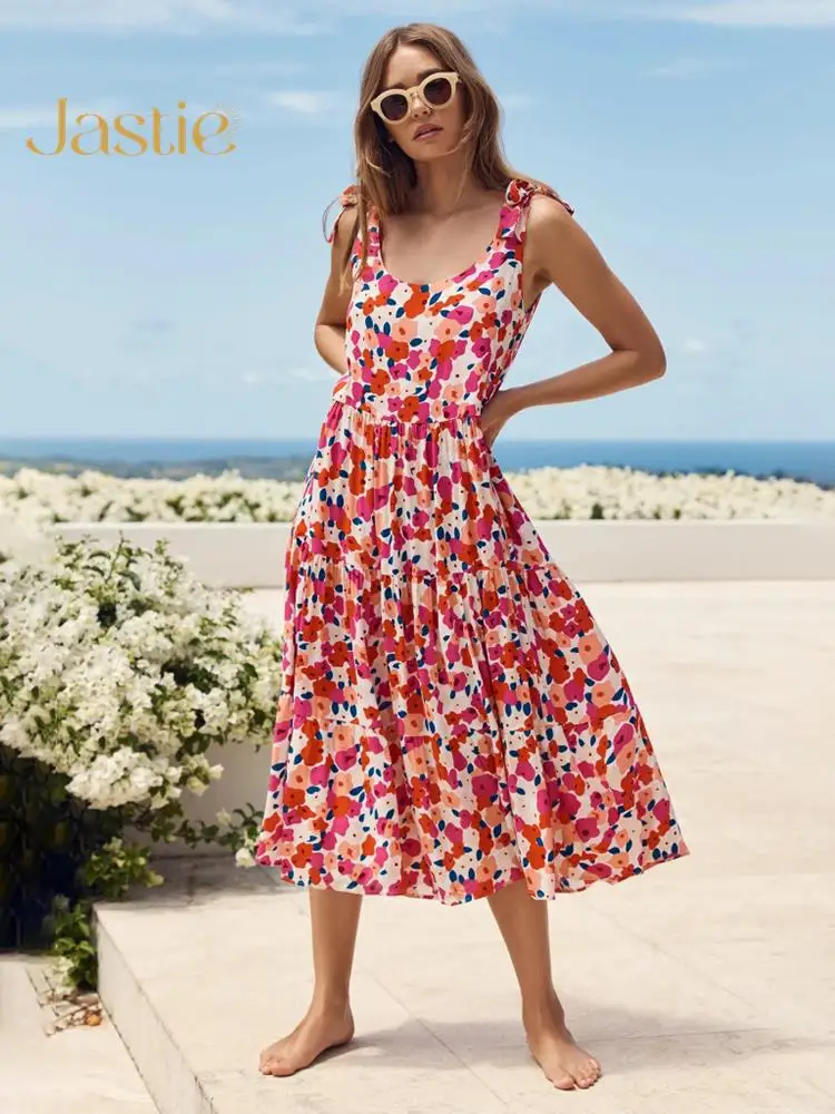 

Jastie Beach Holiday Floral Printed Dress Boho Sleeveless A-line Summer Women Clothing 2023 Fashion Chic Tied Vestidos Sundress
