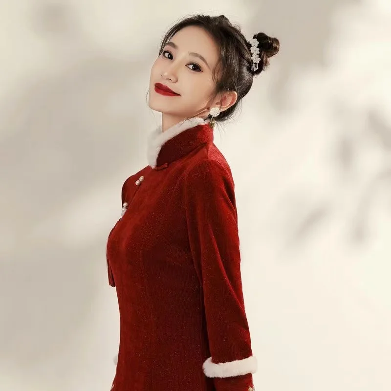 

Женские красные улучшенные вечерние платья-Ципао, новинка на весну и осень, плотное облегающее платье в китайском стиле с цветочной вышивкой, Qipao, современное платье