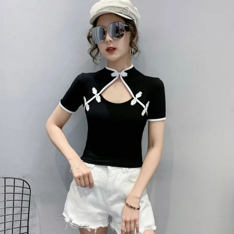 

#7433 Summer Short T Shirt Women Hollow Out Sexy Stand Collar Short Sleeve T Shirt Cotton Short Sleeve Women's Shirt Vintage
