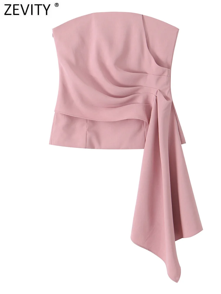 Zevity 2024 Women Fashion Strapless Solid Pleated Design Corset Style Slim Blouse Female Zipper Shirts Blusas Chic Tops LS7204