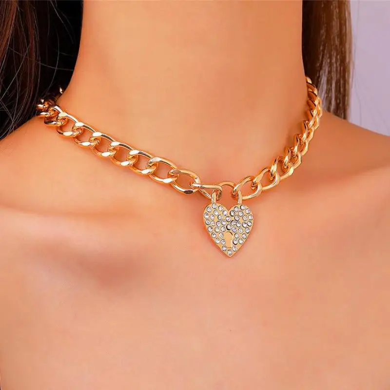 

Crystal Heart Pendant Necklace Thick Chain Gold Color Choker Necklace For Women Jewelry Necklaces & Pendants Colar Kolye CF