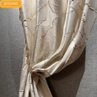 new high precision embossed gold thread jacquard beige leaf three dimensional curtains for living room bedroom customization