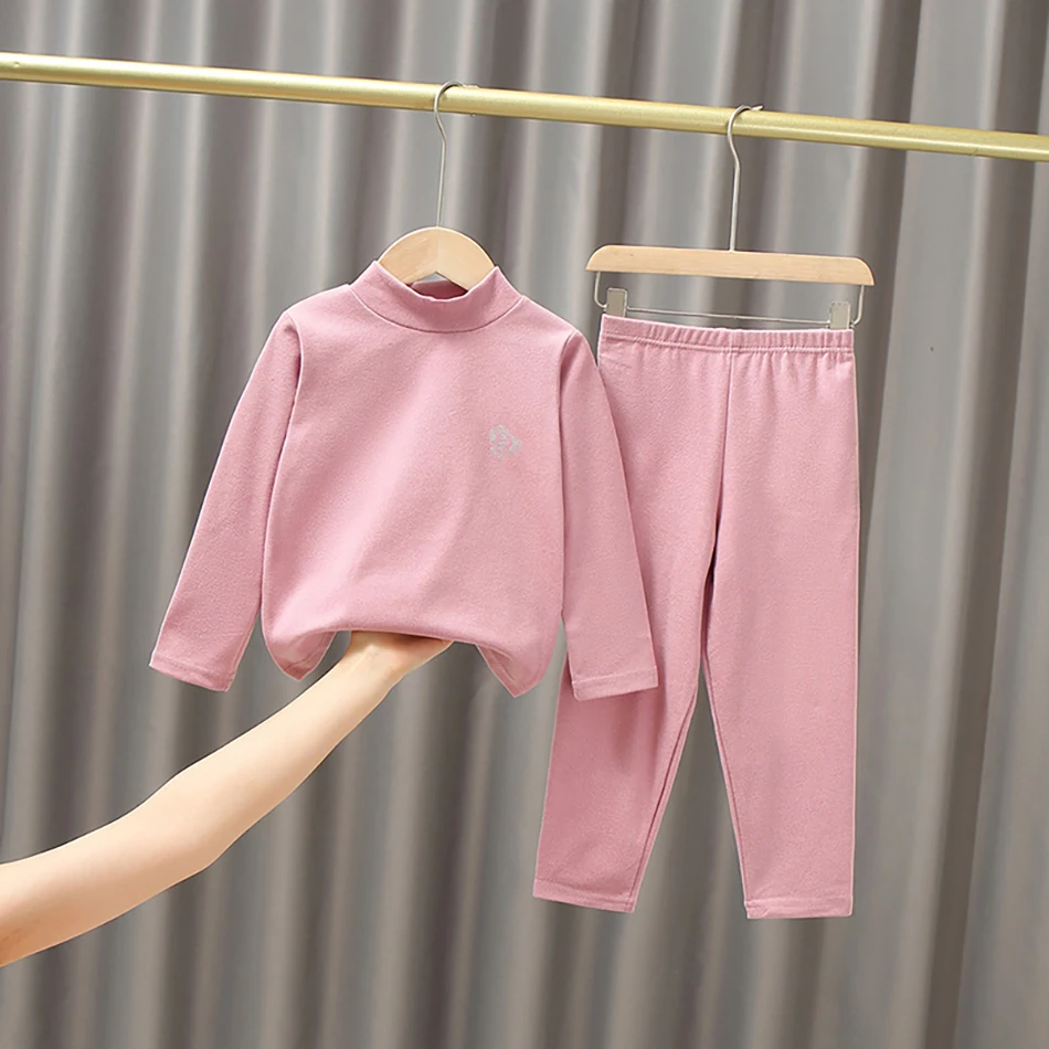 Boys Girls Plush Lined Long Sleeve Solid Color Pajama Sets Children Soft Cozy Nighttime Warmth Casual Sleepwear New